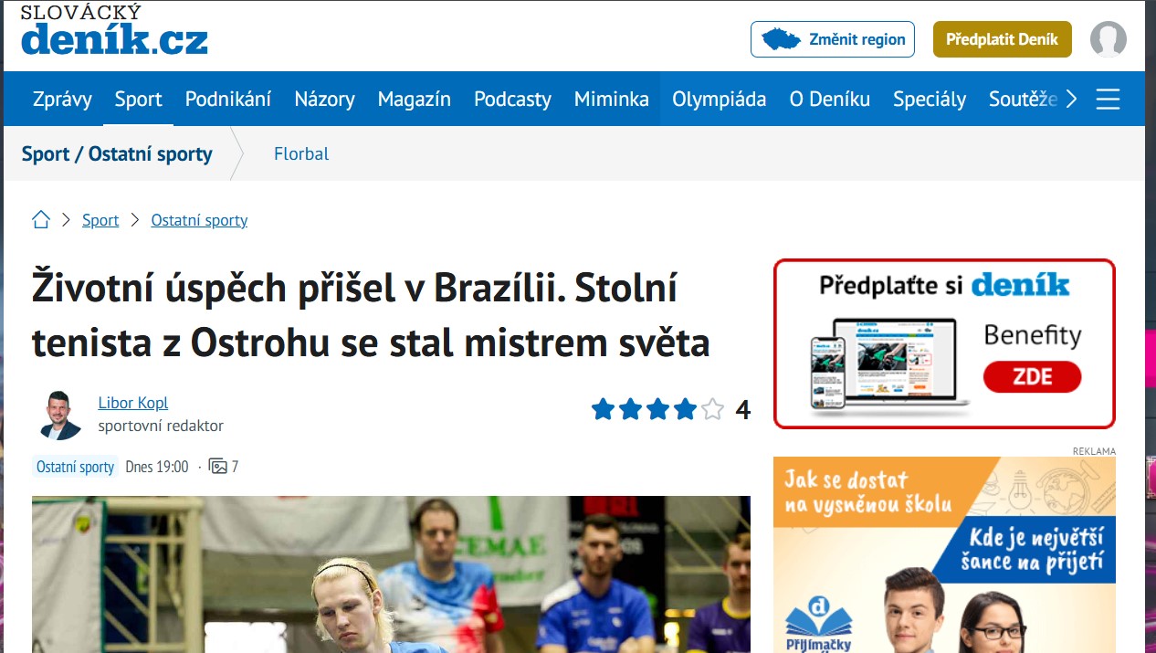 Životní úspěch přišel v Brazílii. Stolní tenista z Ostrohu se stal ICTTF mistrem světa 